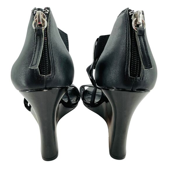 WHBM Black Leather Strappy Career Chic Zip Back Elastic Ankle Wedge Heel 9.5 - Picture 5 of 10